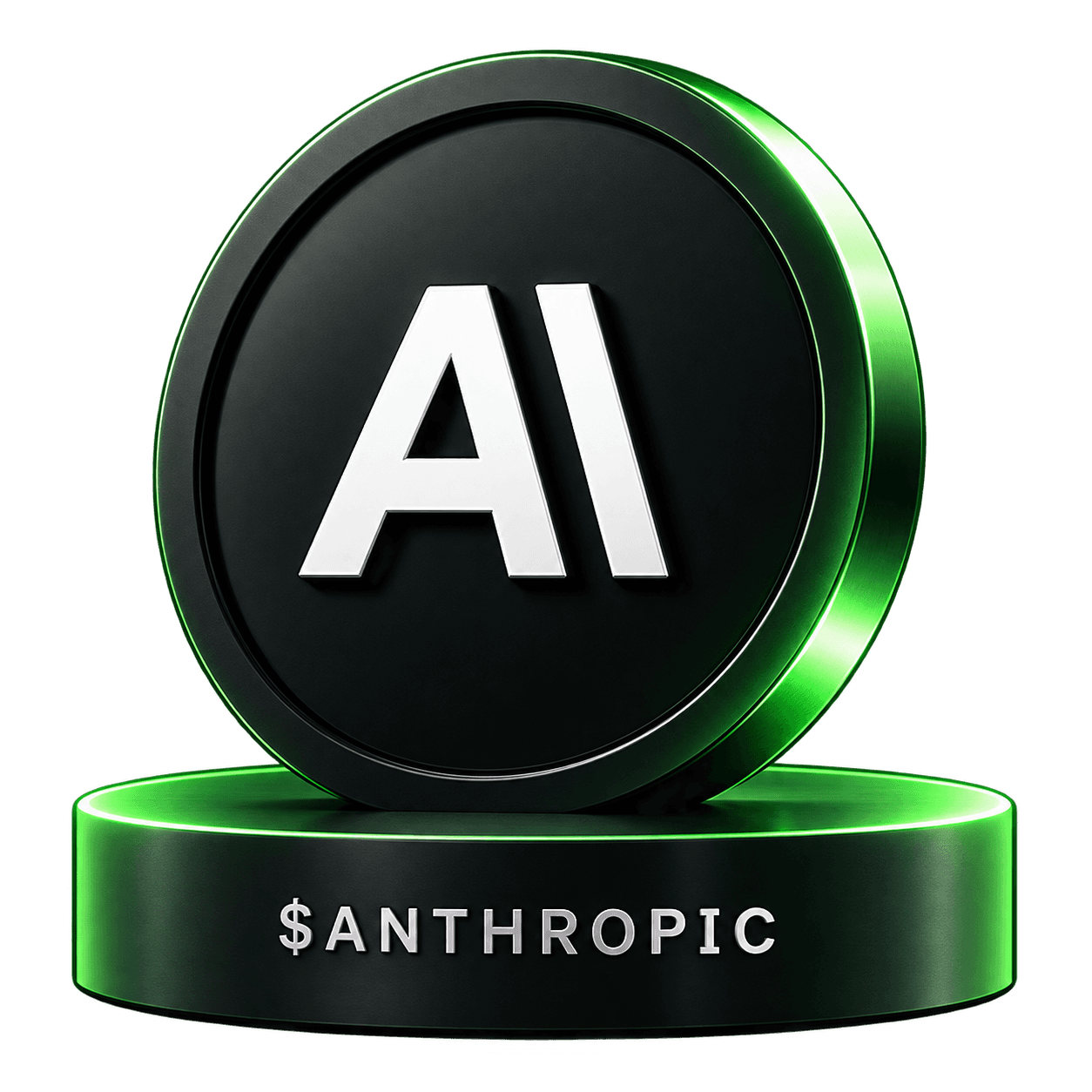 ANTH AI coin — black metallic coin with green rim light, marked AI and $ANTHROPIC